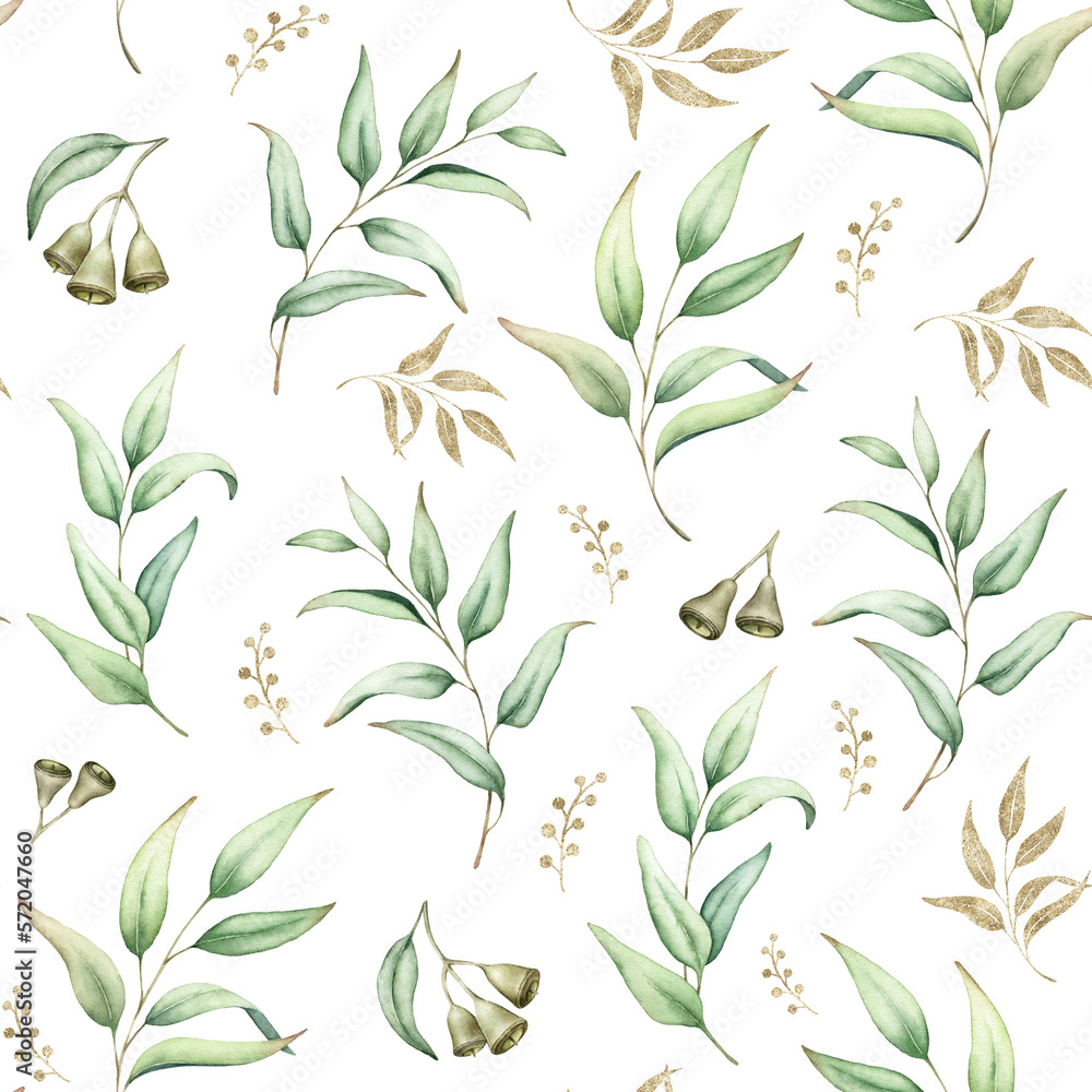 Greenery seamless pattern with eucalyptus leaves.