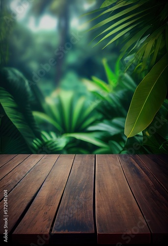 Empty Wooden table and blurred green naturedense forest with waterfall garden background GENERATIVE AI