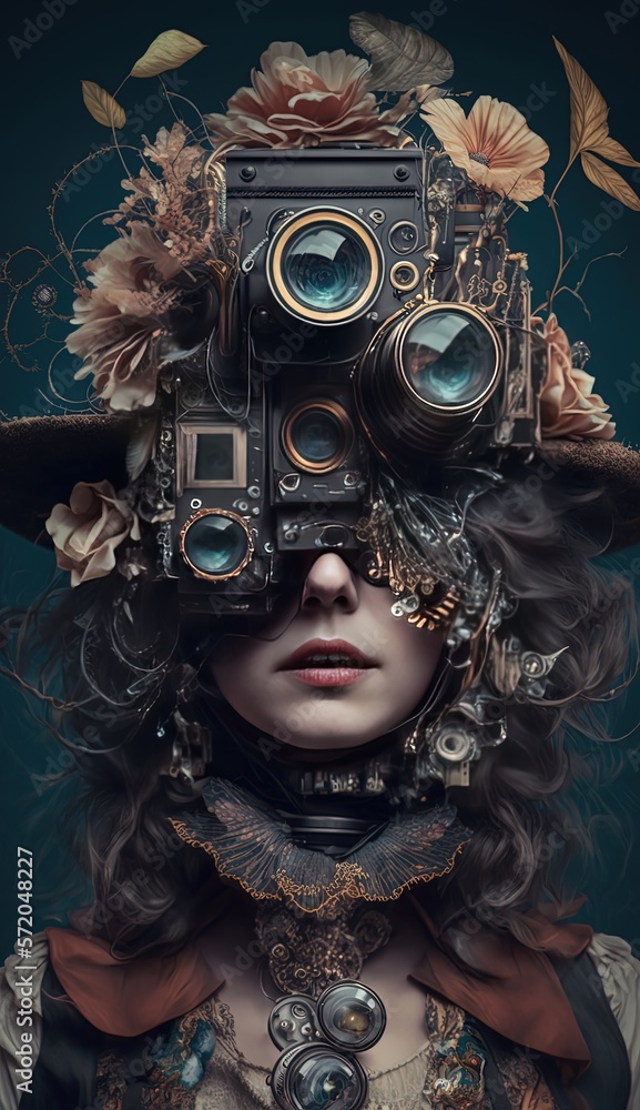 surreal abstract artistic illustration surreal, a woman wearing glasse camera, Generative Ai	
