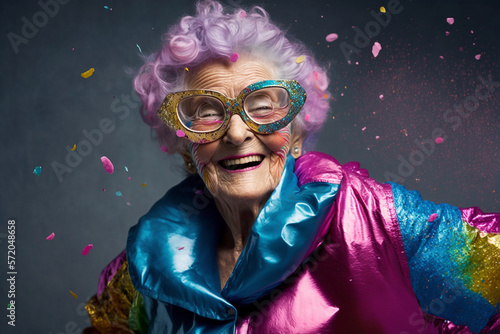 portrait of grandma celebrating Carnival festival with splash glittering rainbow papers background.generative ai.