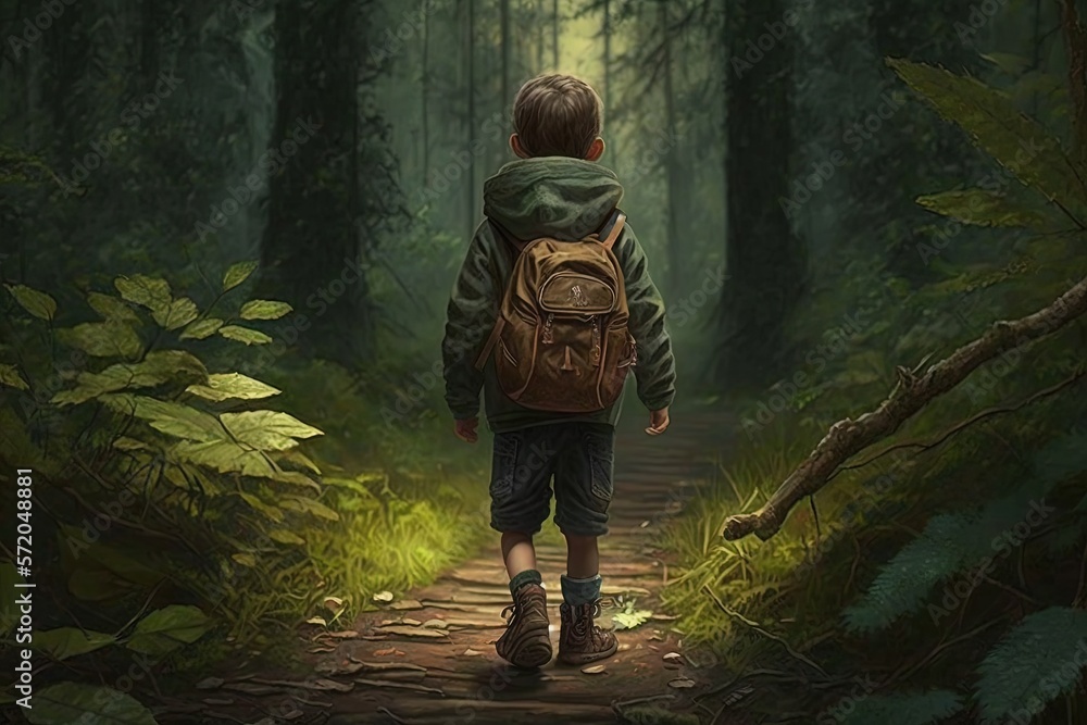 a boy walking on jungle trail alone, Generative Ai