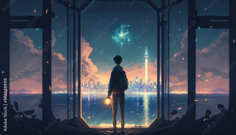 boy holding a lantern, glowing ocean water, a huge glowing city in distance, anime art style, digital art, generative ai