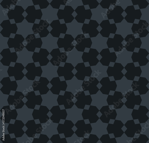 Abstract vector geometric seamless pattern. Traditional oriental ornament with small stars, hexagonal lattice, grid, floral shapes. Subtle vintage style background texture in dark gray and black color