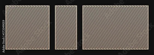 Laser cut patterns. Abstract geometric set with thin diagonal lines, straight slanted stripes. Decorative panels. Stencil for CNC or laser cutting of wood, metal, paper. Aspect ratio 1:1, 1:2, 3:2