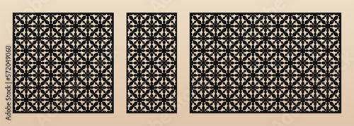 Laser cut panel. Vector template, abstract geometric patterns in Oriental style. Elegant grid, lattice, mesh ornament. Decorative stencil for laser cutting of wood, metal. Aspect ratio 1:1, 1:2, 3:2