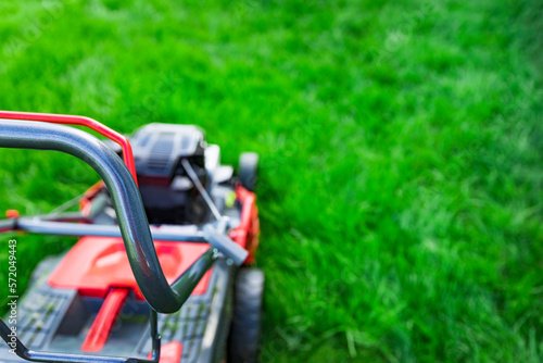Close up view of lawn mower cutting grass on sunny summer day