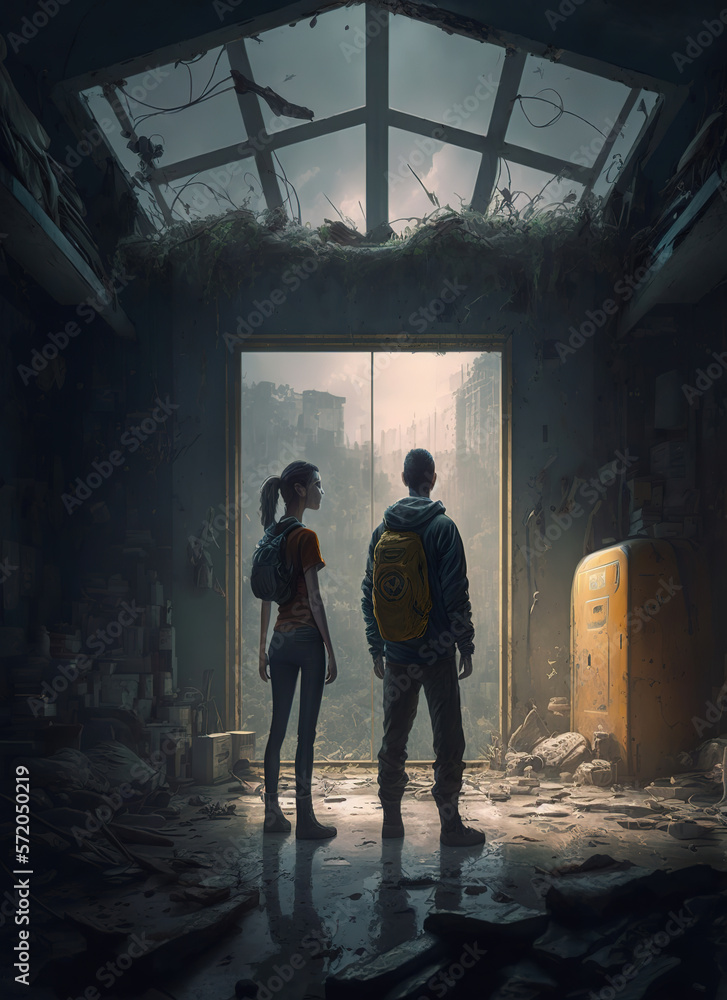 couple of people that are standing in a room, fantastic, dystopian art, apocalypse art, dark fantasy, art illustration couple of people that are standing in a room, fantastic, dystopian art, apocalypse art, dark fantasy, art illustration