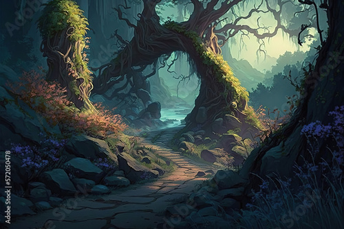 painting of a path through a forest  fantasy art illustration 