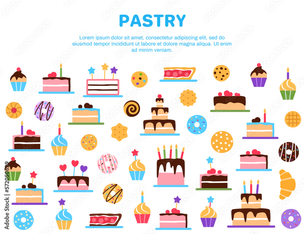 Pastry background with text space. Colorful baked healthy food collection design. Dessert elements donut cake muffin for cafe restaurant breakfast menu internet web page flat vector illustration.