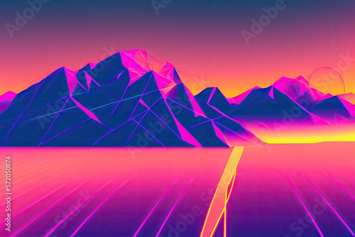 80s synthwave styled landscape  retrowave wireframe mountains  neon lines over arcade space planet canyon. Generative AI
