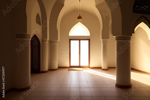 Islamic background painting. Mosque and shadows. Light rays from mosque window or door. Prayer's vision, generative ai. Muslim art.