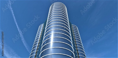 Look from the copter of the contemporary skyscraper with round glass facade. Amazing blue sky with aircraft stripes. 3d rendering.