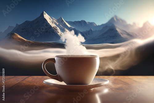Hot cup of steaming coffee in front of snow valley. generated with AI