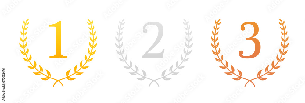 Gold Wreath 1 2 3 Place Figures 1, 2, 3 One, Two, Three In A Realistic Gold Silver Bronze Laurel Wreath. Winner Trophy Award. Vector illustration Gold Wreath 1 2 3 Place Figures 1, 2, 3 One, Two, Three In A Realistic Gold Silver Bronze Laurel Wreath. Winner Trophy Award. Vector illustration