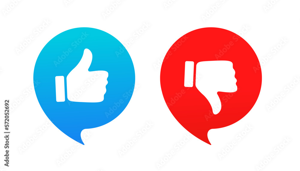 Thumbs up and thumbs up flat icon. I like it and I don't like it. Recommendation icons, good and bad choice labels. Vote web buttons with with man hand. Social media. Vector illustration