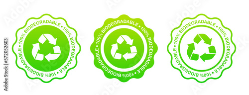 Set label 100% biodegradable 100% compostable icon, logo. Green leaves in a circle. Round biodegradable symbol. Natural recyclable packaging sign. Eco friendly product. Vector illustration