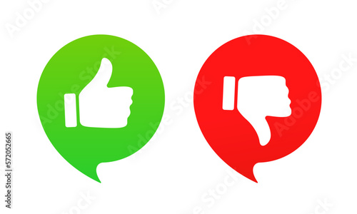 Thumbs up and thumbs up flat icon. I like it and I don't like it. Recommendation icons, good and bad choice labels. Vote web buttons with with man hand. Social media. Vector illustration
