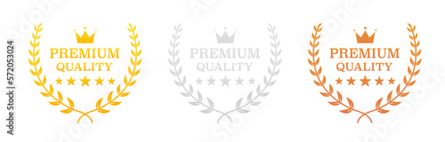 Set of badge premium quality. Gold logo design with wreath laurel 1, 2, 3 One, Two, Three In A Realistic Gold Silver Bronze Laurel Wreath. Vector illustration