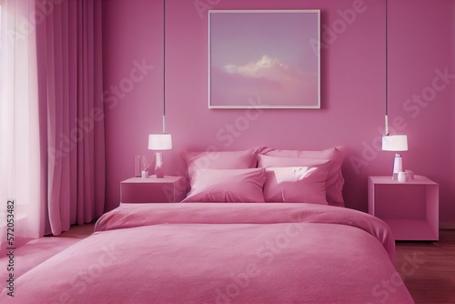 Dreamy Pink Mid Century Modern Bedroom Interior with Cloudscape Made with Generative AI