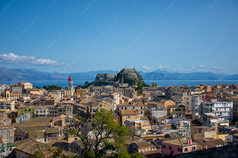 Corfu, Greece - october 26, 2020:Corfu, Greece. Panoramic view of Old Town as seen from New Fortress.