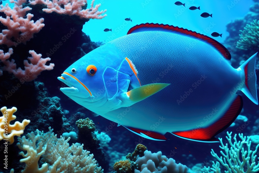Underwater coral reef landscape with fish, generative ai, in the deep blue ocean with colorful marine life