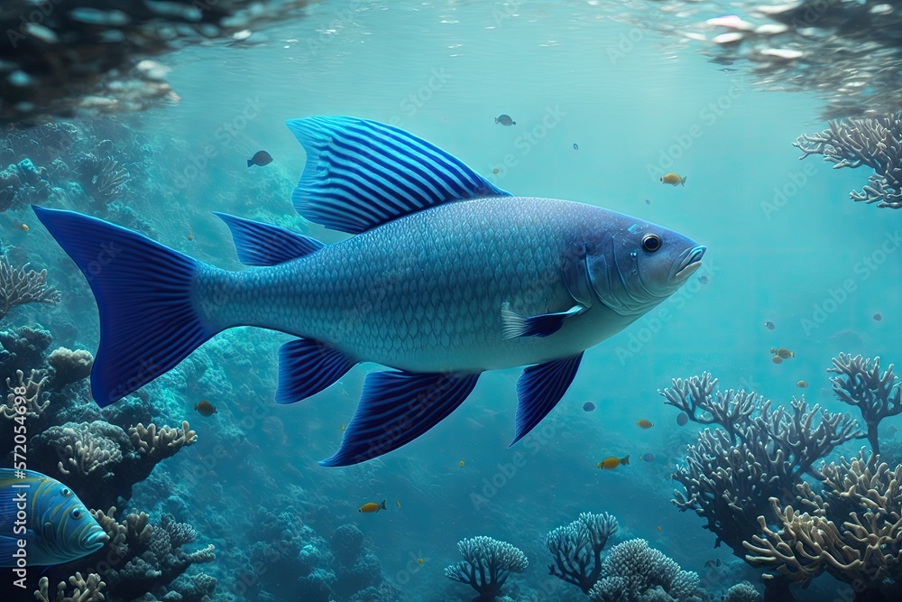 Underwater coral reef landscape with fish, generative ai, in the deep blue ocean with colorful marine life Underwater coral reef landscape with fish, generative ai, in the deep blue ocean with colorful marine life