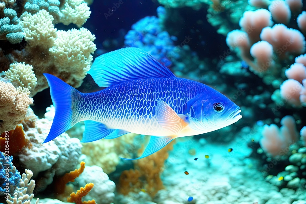 Underwater coral reef landscape with fish, generative ai, in the deep blue ocean with colorful marine life Underwater coral reef landscape with fish, generative ai, in the deep blue ocean with colorful marine life