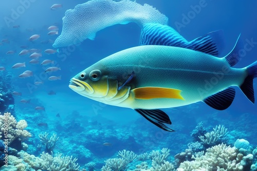 Underwater coral reef landscape with fish, generative ai, in the deep blue ocean with colorful marine life © Aleksandr