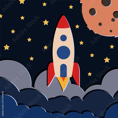 Fototapeta Naklejka Na Ścianę i Meble -  The spacecraft flies off into space, stars and the moon on a dark background. Application for children. Vector graphics.