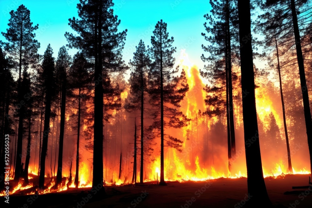 Intense flames from a massive forest fire, generative ai. Flames light up the evening as they rage thru pine forests and sage brush Intense flames from a massive forest fire, generative ai. Flames light up the evening as they rage thru pine forests and sage brush