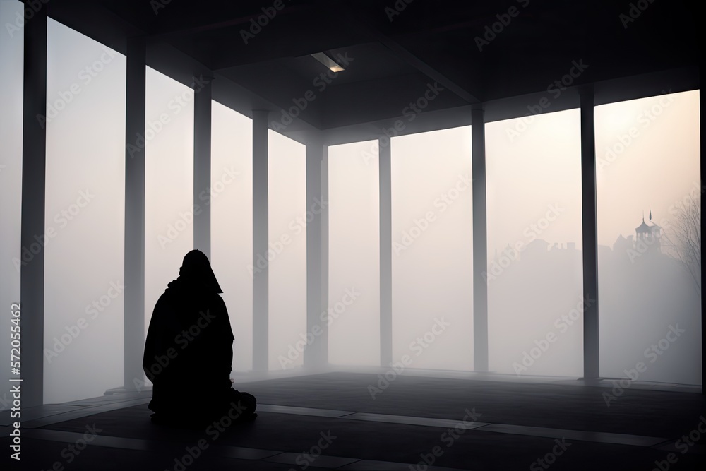 Muslim praying in a mystical environment, silhouette photo, no face visible, generative ai, color grading, islam religion concept Muslim praying in a mystical environment, silhouette photo, no face visible, generative ai, color grading, islam religion concept