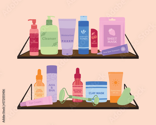 Set of basic Skincare Products on Shelves for the skincare routine. Collection of jars and bottles of cream, lotion, serum, cleanser, mask, balm, oil vector flat illustration. 