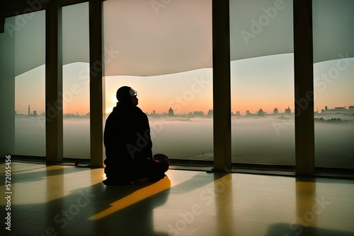 Muslim praying in a mystical environment, silhouette photo, no face visible, generative ai, color grading, islam religion concept © Aleksandr