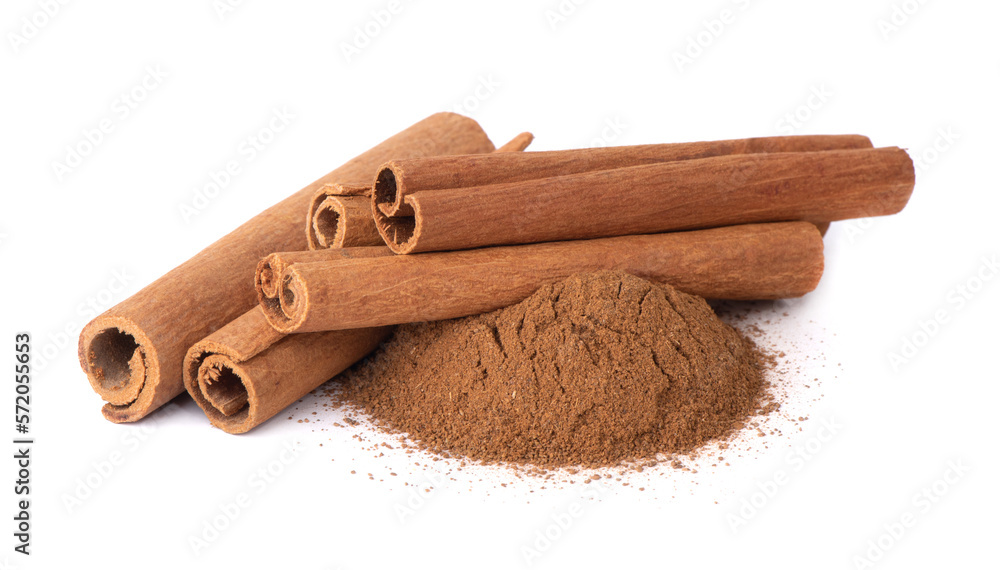 Cinnamon spice isolated. Cinnamon sticks on a white background. Cinnamon powder.