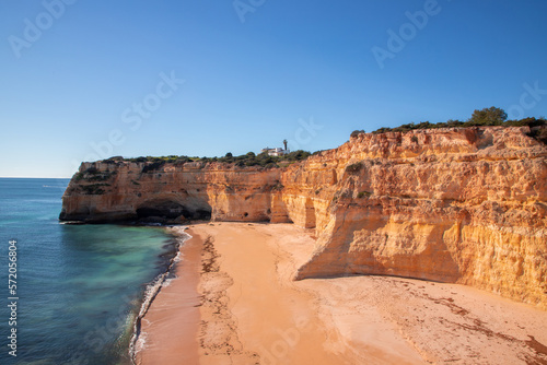 Landscape of the rocky coast of the Algarve - Portugal in the evening