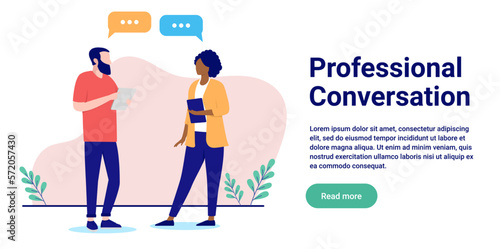 Professional conversation - Two business people talking and having dialogue at work with speech bubbles. Flat design vector illustration with copy space for text and white background