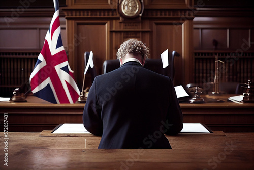 Courtroom England, UK. British flag, Supreme Court of United Kingdom. Scales of Themis, Judiciary, Judge. England Justice, UK Judicial Authority. Appellate of House of Lords. Judicial scales in court