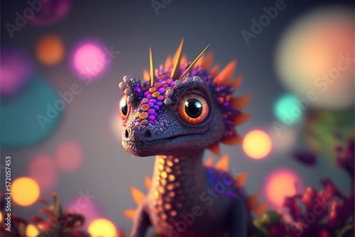 Baby dragon with shimmering diamond scales and neon created with Generative AI 