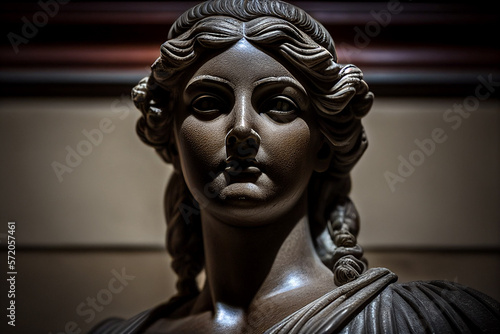 Scales of Themis. Sculpture of Themis, mythological Greek goddess, symbol of justice. Lady justice, Justilia Themis. Judicial scales. Themis of justice statue. AI Generative illustration.