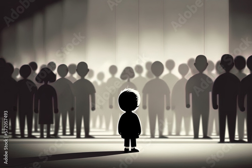 Lonely child who was left behind. A silhouette noir image of an abandoned child standing lonely apart from the crowd. A missing boy looking for his parent. Digital illustration generative AI.
