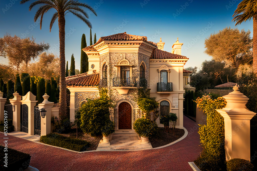 Luxury Villa exterior with swimming pool. Green garden and palm trees. Luxury home in Spain. Tropical Villa Resort, Spanish Real Estate in Sierra Blanca, Marbella. Lesidence at seashore. Ai Generative