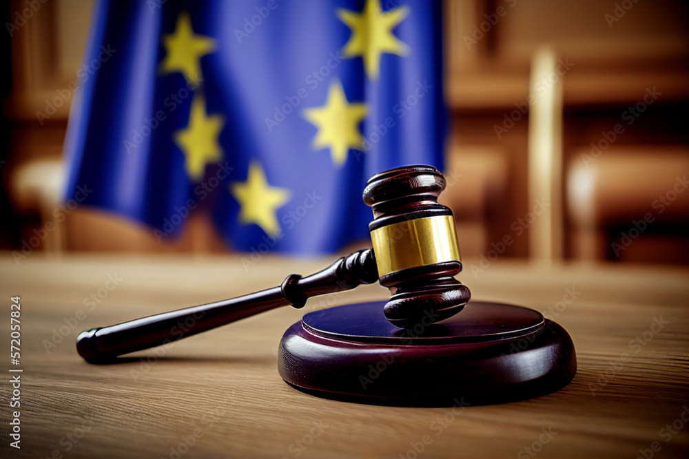Court of Justice of European Union, EU. European flag in courtroom. Judicial Authority of European Union. Mallet of judge in courthouse. European Court of Human Rights. Justice, Judiciary, Judge. Court of Justice of European Union, EU. European flag in courtroom. Judicial Authority of European Union. Mallet of judge in courthouse. European Court of Human Rights. Justice, Judiciary, Judge.