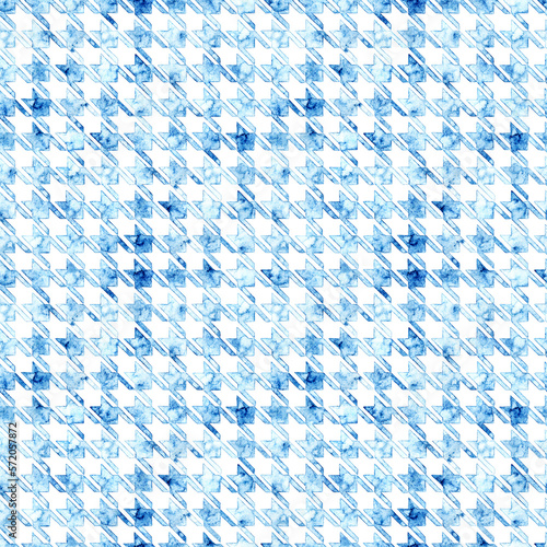 Seamless watercolor houndstooth pattern. Blue and white geometric abstract pattern. Paper texture. photo