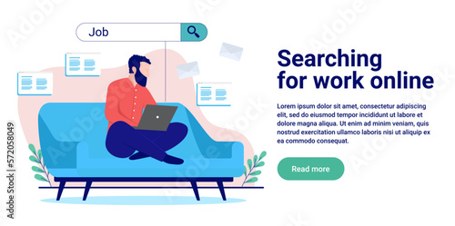 Searching for work online - Man looking for job on internet with laptop computer sitting at home. Flat design vector illustration with copy space and white background
