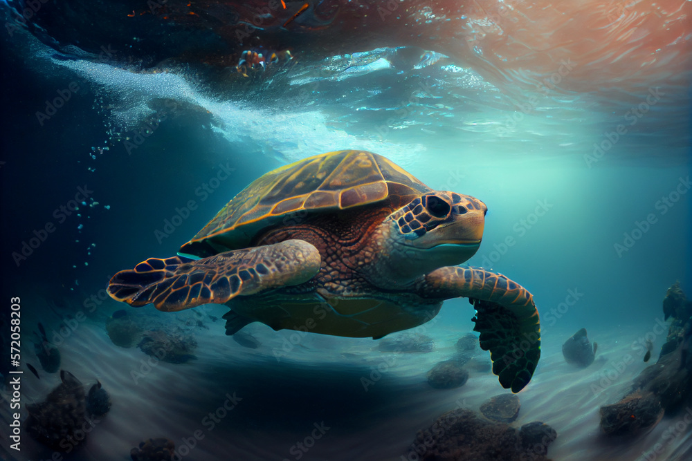 Obraz premium Die Schönheit der Meere: Eine Schildkröte in ihrem natürlichen Lebensraum - Generative Ai