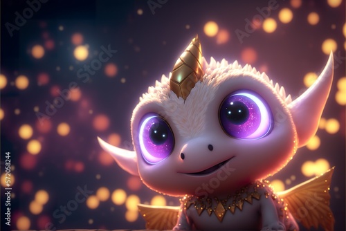 Baby dragon with shimmering diamond scales and neon created with Generative AI 