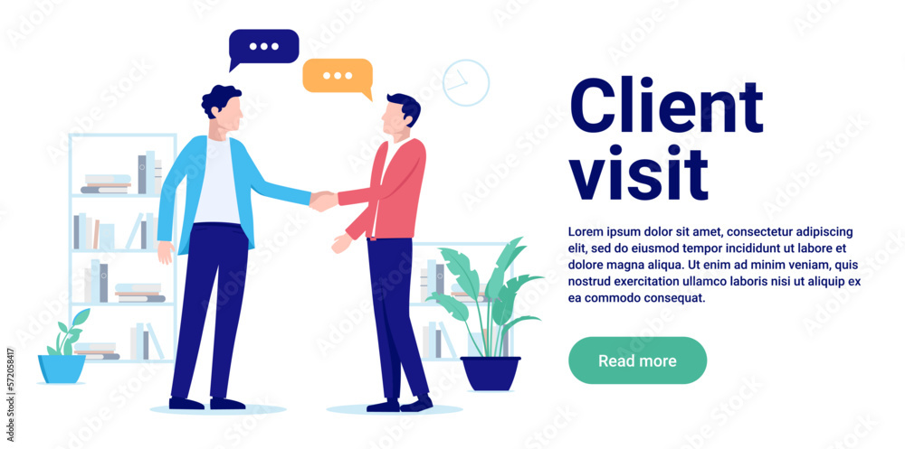 Client visit - Customer visiting office shaking hands and having agreement. Flat design vector illustration with copy space for text and white background Client visit - Customer visiting office shaking hands and having agreement. Flat design vector illustration with copy space for text and white background