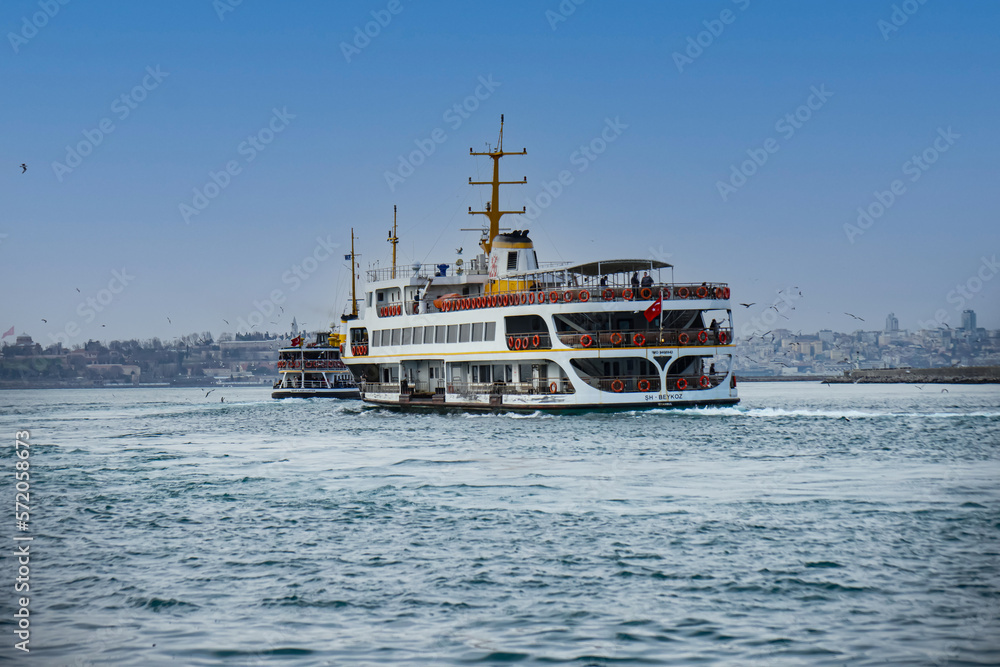 Ferry and seagulls, symbols of the Bosphorus, from Kadıköy                            