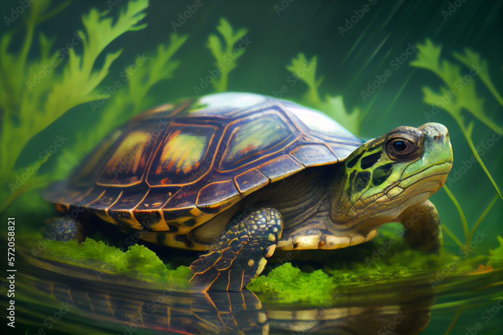 Obraz premium In aller Ruhe: Eine Schildkröte genießt das Grün - Generative Ai