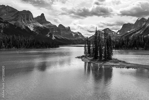 Spirit Island and Maligne Lake with the canadian rockies in black and white, Jasper national park, Alberta, Canada.